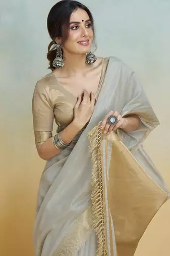 Grey Striped Zari Art Silk Saree With Blouse For Women
