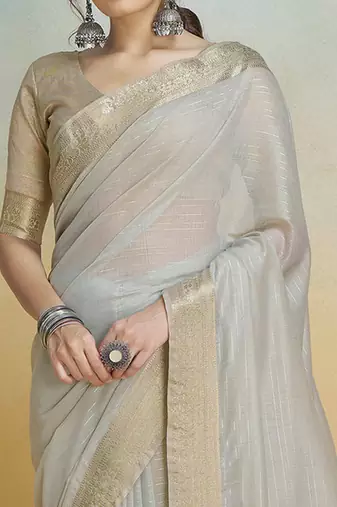 Grey Striped Zari Art Silk Saree With Blouse For Women