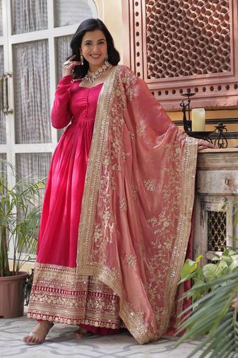 Heavy embroidery & sequience work pure vichitra silk gown with dupatta 