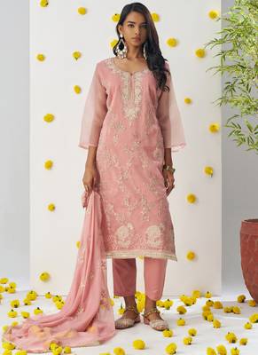 Light peach organza embroidered salwar suuit 1