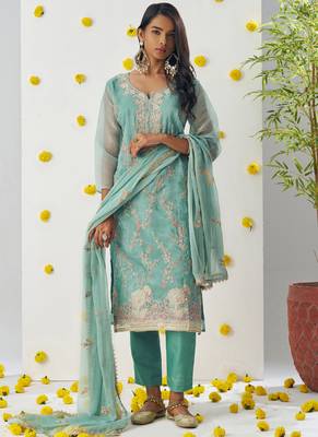 Sky blue organza embroidered salwar suuit 1