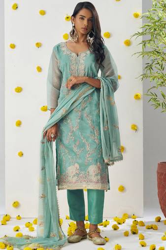 Sky blue organza embroidered salwar suuit