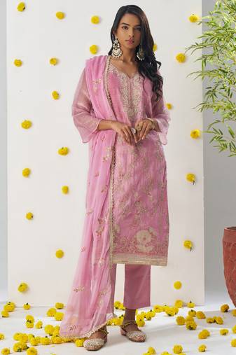 Baby pink organza embroidered salwar suuit