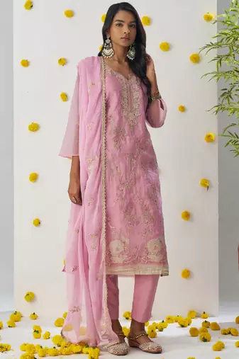 Baby pink organza embroidered salwar suuit