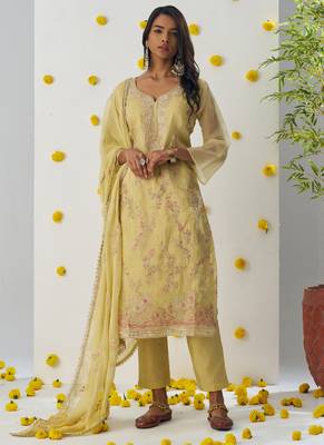 Light yellow organza embroidered salwar suuit 1