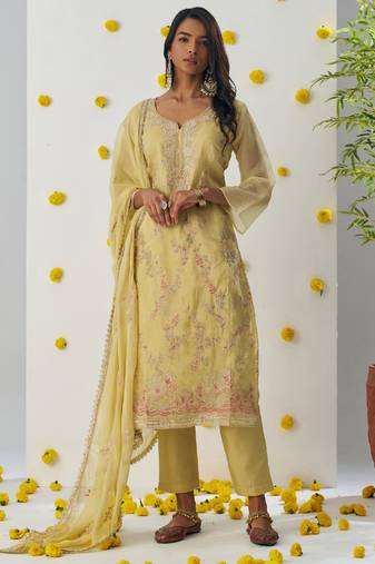 Light yellow organza embroidered salwar suuit