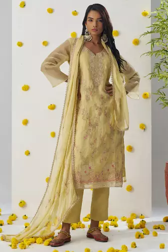Light yellow organza embroidered salwar suuit