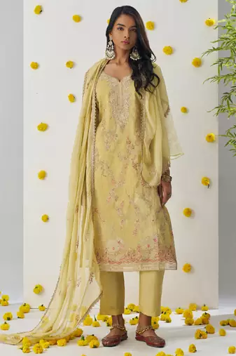 Light yellow organza embroidered salwar suuit