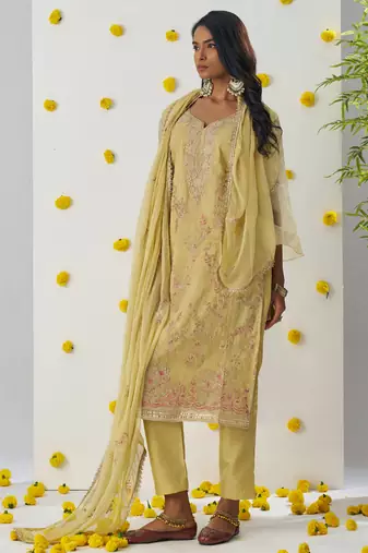 Light yellow organza embroidered salwar suuit
