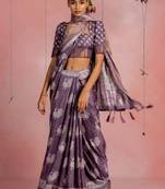 Dusty purple cotton blend animal print golden zari border saree with unstitched blouse piece