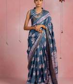 Dusty blue cotton blend animal print golden zari border saree with unstitched blouse piece