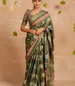 Mehandi green cotton blend floral print aztec print golden zari border saree with unstitched blouse piece