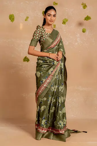 Mehandi green cotton blend floral print aztec print golden zari border saree with unstitched blouse piece
