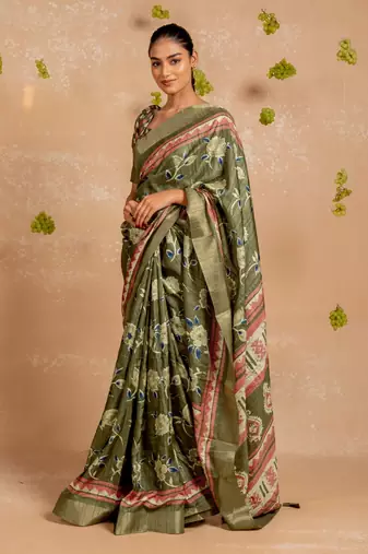 Mehandi green cotton blend floral print aztec print golden zari border saree with unstitched blouse piece