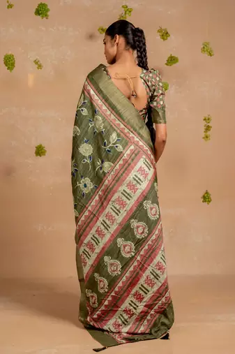 Mehandi green cotton blend floral print aztec print golden zari border saree with unstitched blouse piece