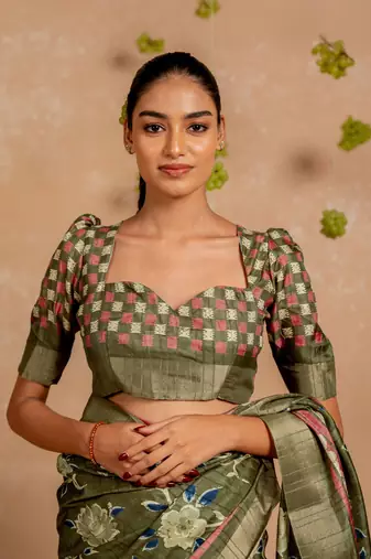 Mehandi green cotton blend floral print aztec print golden zari border saree with unstitched blouse piece
