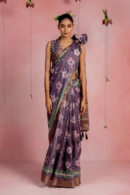 Dark dusty purple cotton blend floral printaztec print golden zari border saree with unstitched blouse piece 1
