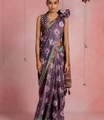 Dark dusty purple cotton blend floral printaztec print golden zari border saree with unstitched blouse piece