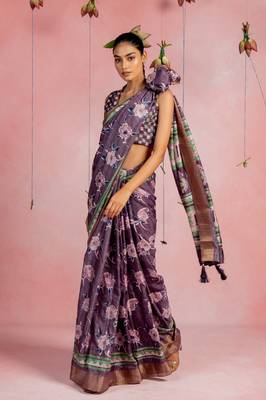Dark dusty purple cotton blend floral printaztec print golden zari border saree with unstitched blouse piece 2