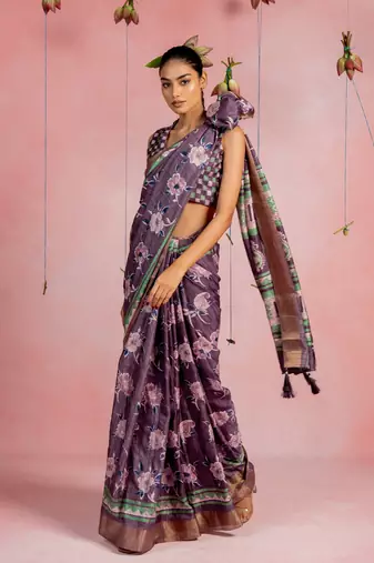 Dark dusty purple cotton blend floral printaztec print golden zari border saree with unstitched blouse piece