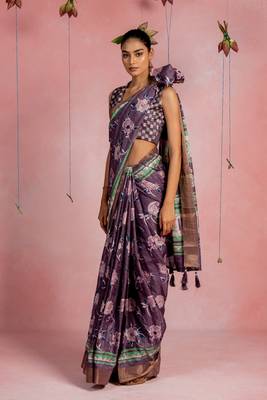 Dark dusty purple cotton blend floral printaztec print golden zari border saree with unstitched blouse piece 3