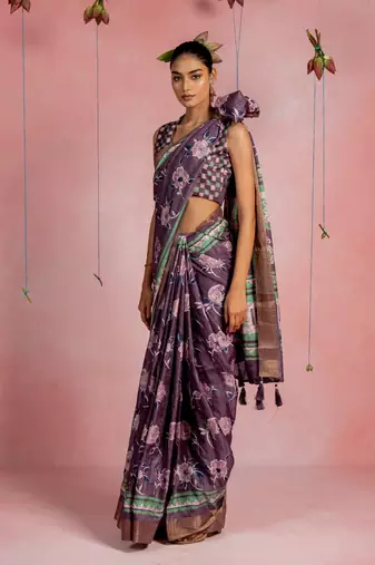 Dark dusty purple cotton blend floral printaztec print golden zari border saree with unstitched blouse piece