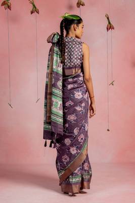 Dark dusty purple cotton blend floral printaztec print golden zari border saree with unstitched blouse piece 4
