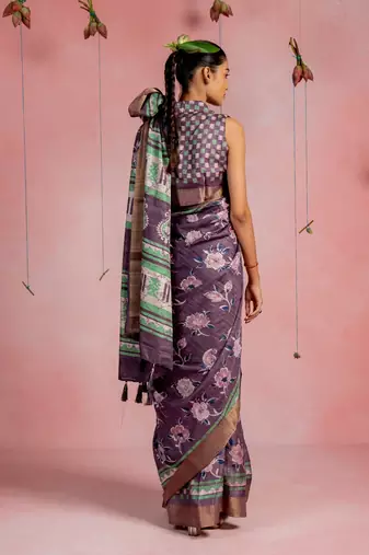 Dark dusty purple cotton blend floral printaztec print golden zari border saree with unstitched blouse piece