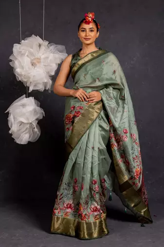 Dusty sea green art silk floral print golden zari border saree with unstitched blouse piece
