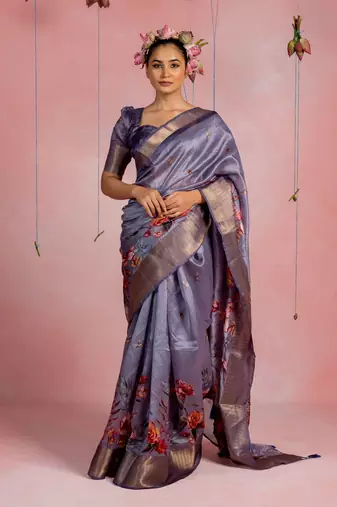 Dusty violet art silk floral print golden zari border saree with unstitched blouse piece