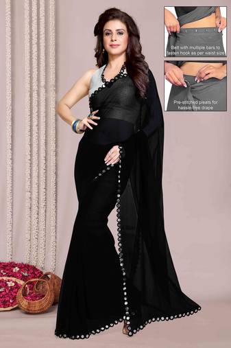 black ready to wear georgette solid mirror work saree with unstiched blouse