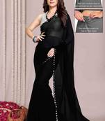 ready to wear black georgette solid mirror work saree with unstiched blouse