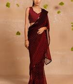 Red georgette stripe print sequence lace saree with unstitched blouse piece
