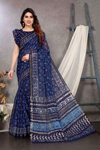 dark blue ready to wear cotton blend batik block printed saree with unstiched blouse piece