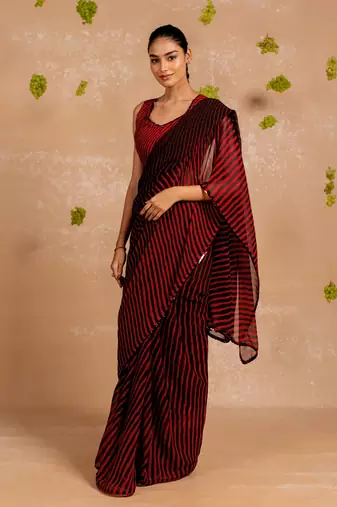 Red georgette stripe print sequence lace saree with unstitched blouse piece