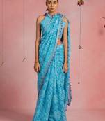 Turquoise blue cotton blend stripe geometric print lace border saree with unstitched blouse piece