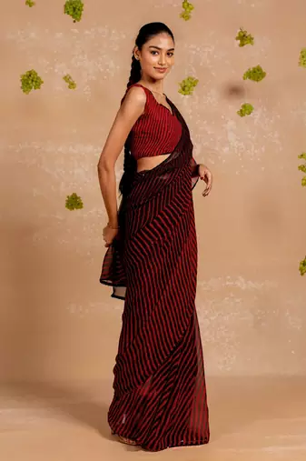 Red georgette stripe print sequence lace saree with unstitched blouse piece