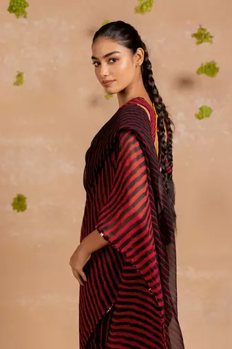 Red georgette stripe print sequence lace saree with unstitched blouse piece
