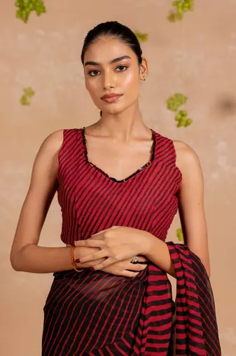 Red georgette stripe print sequence lace saree with unstitched blouse piece