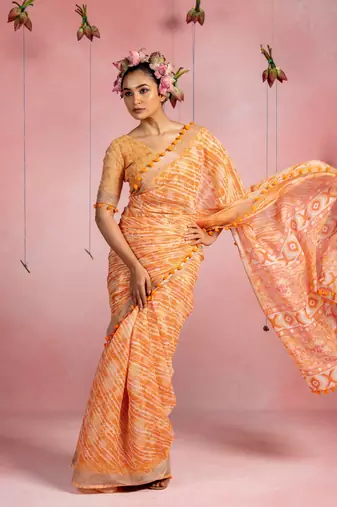 Orange cotton blend stripegeometric print lace border saree with unstitched blouse piece