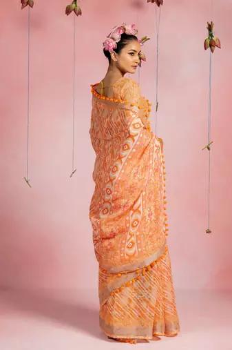 Orange cotton blend stripegeometric print lace border saree with unstitched blouse piece