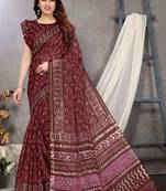 ready to wear maroon cotton blend batik block printed saree with unstiched blouse piece.