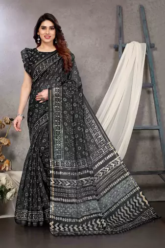 black ready to wear cotton blend batik block printed saree with unstiched blouse piece