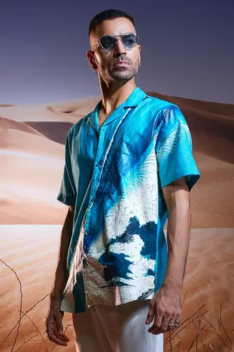 Aqua mirage hand-painted linen shirt