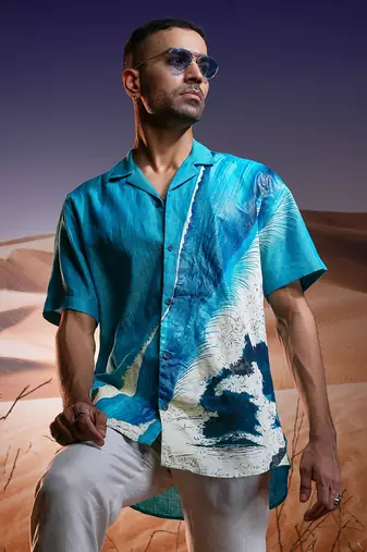 Aqua mirage hand-painted linen shirt
