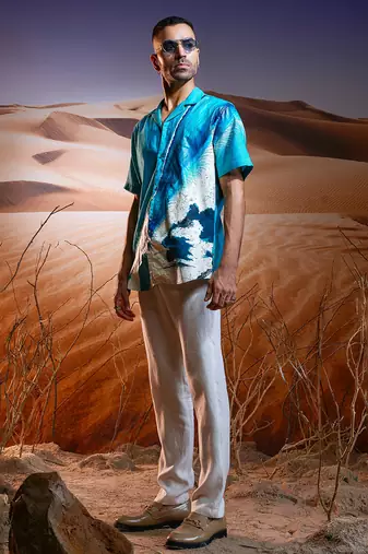 Aqua mirage hand-painted linen shirt