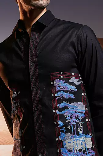 Obsidian black embroidered linen shirt