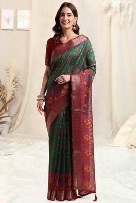 green pre draped silk blend patola printed saree 2