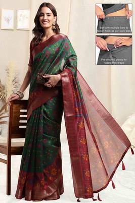 green pre draped silk blend patola printed saree 3
