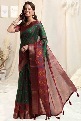 green pre draped silk blend patola printed saree 4